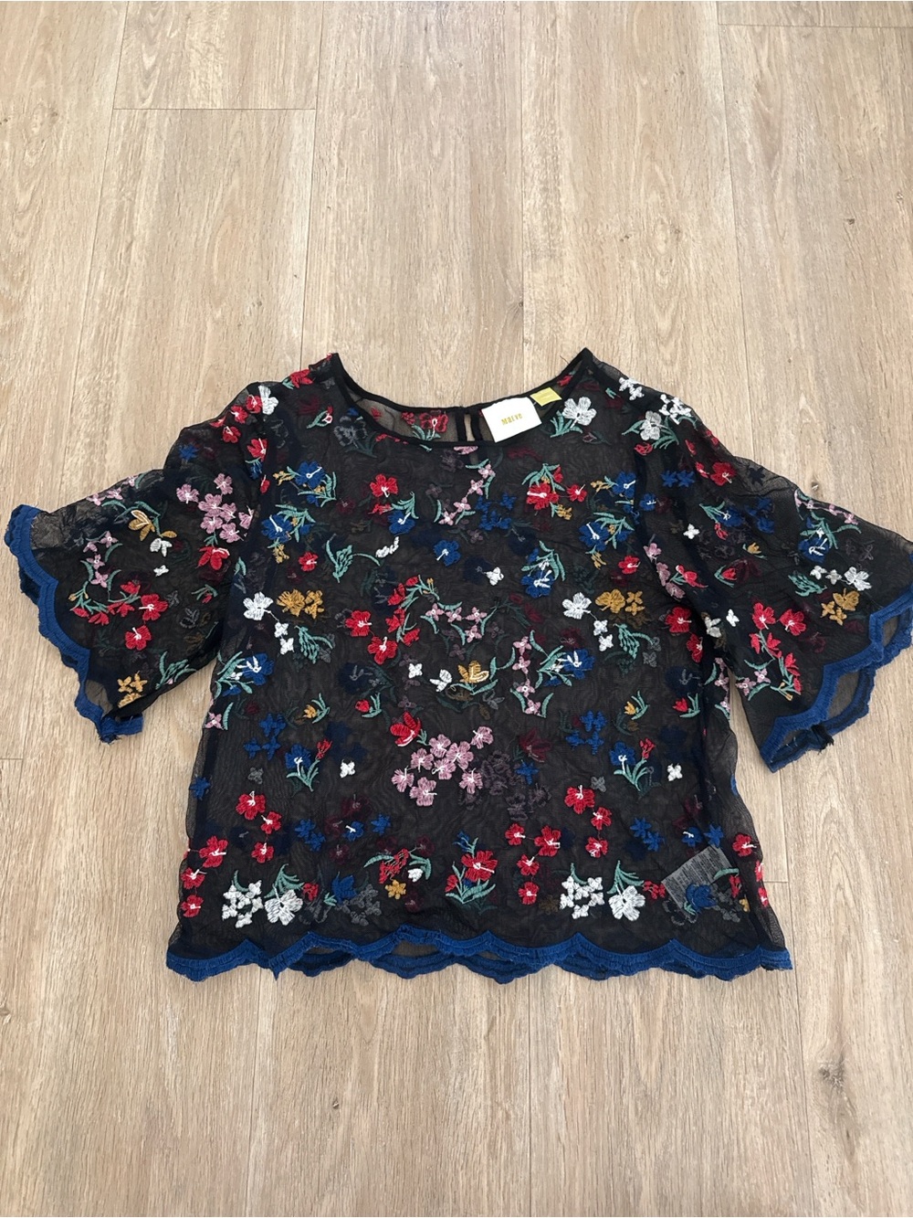 Maeve Black Lace Blouse with Multicolor Floral Embroidery and Blue Trim Small